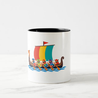 Minimalist Colorful Viking Longboat Rowing on Blue Two-Tone Coffee Mug
