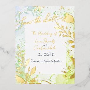 Minimalist Colorful Watercolor Foil Save the Date Invitation Postcard