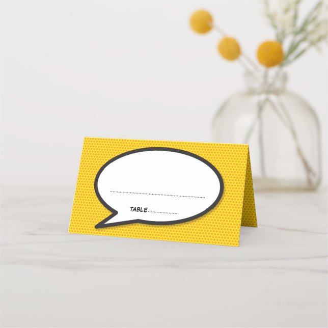 Minimalist Comic Book Speech Bubble Wedding Place Card (Front)