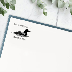 Minimalist Common Loon Lake Life Cabin Bookplate Rubber Stamp