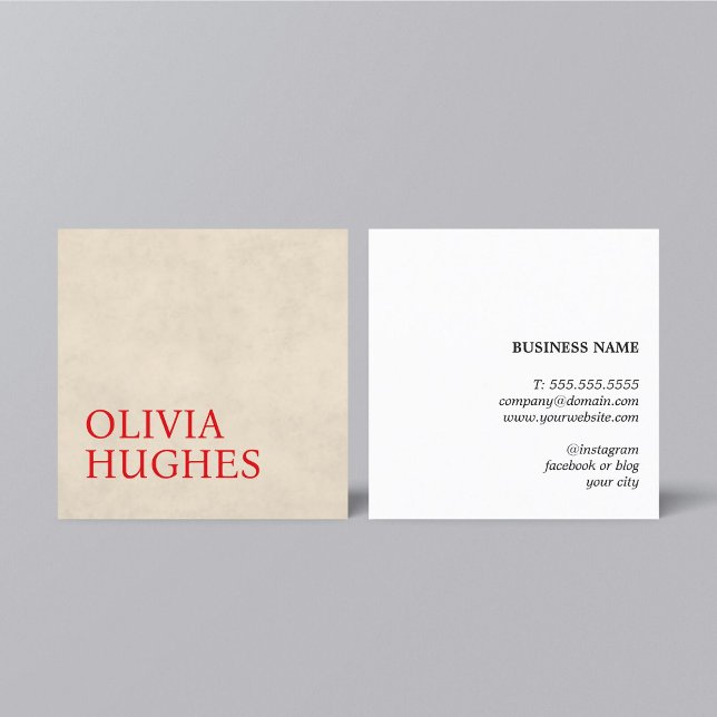 Minimalist Cool Beige Red Bold  Square Business Card (Creator Uploaded)