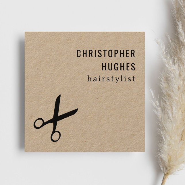 Minimalist Cool Black Scissor Kraft Hair Stylist Square Business Card (Creator Uploaded)