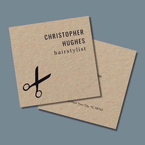 Minimalist Cool Black Scissor Kraft Hair Stylist Square Business Card