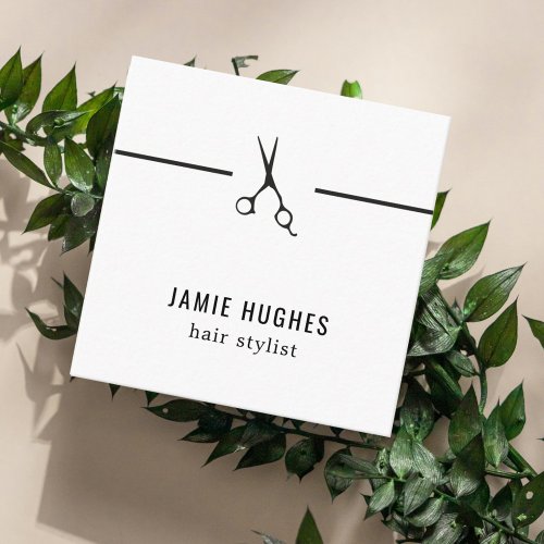 Minimalist Cool Black White Scissor Hair Stylist  Square Business Card