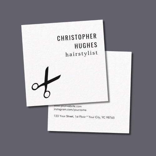 Minimalist Cool Black White Scissor Hair Stylist Square Business Card