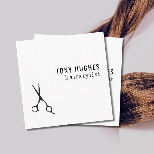 Minimalist Cool Black White Scissors Hair Stylist Square Business Card