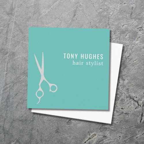 Minimalist Cool Green Grey Scissors Hair Stylist Square Business Card