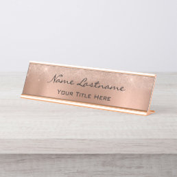 Minimalist Copper Rose Gold Custom Elegant Sparkly Desk Name Plate