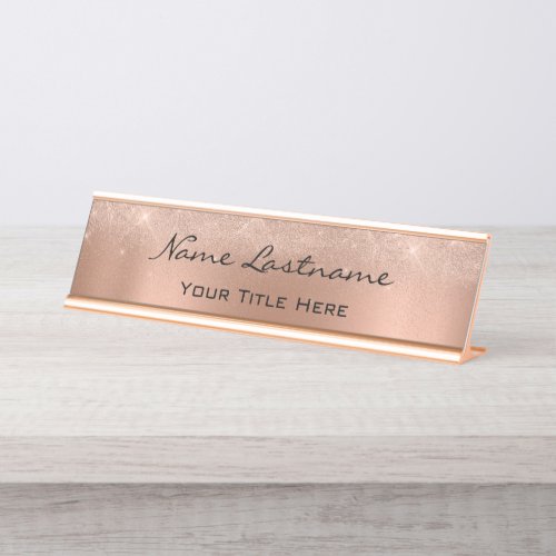 Minimalist Copper Rose Gold Custom Elegant Sparkly Desk Name Plate