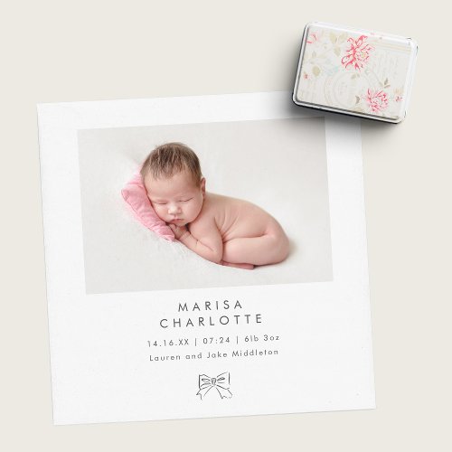 Minimalist Coquette Bow Photo Baby Girl Birth Announcement