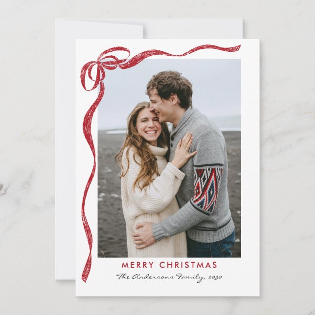 Minimalist Coquette Red Bow Christmas 2 Photo Holiday Card (Front)