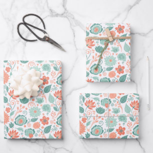 Minimalist Coral and Green Abstract Flowers Wrapping Paper Sheets