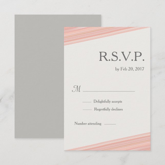 Minimalist coral peach white gray stripes rsvp invitation (Front/Back)