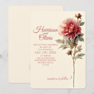 Minimalist Coral Peony Elegant Floral Wedding Invitation