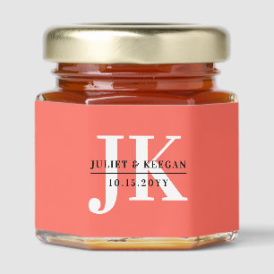 Minimalist Coral Pink Monogram Wedding Honey Jar Favors