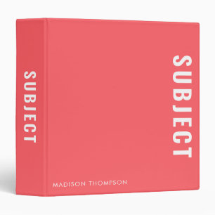 Minimalist Coral School Subject Student Name 3 Ring Binder