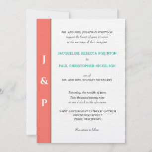 Minimalist Coral Turquoise Monogram  Invitation