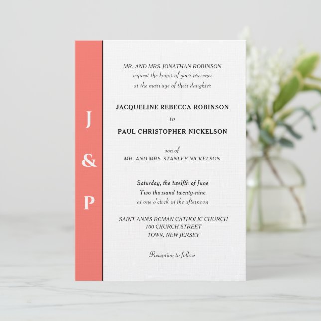 Minimalist Coral White Monogram  Invitation (Standing Front)