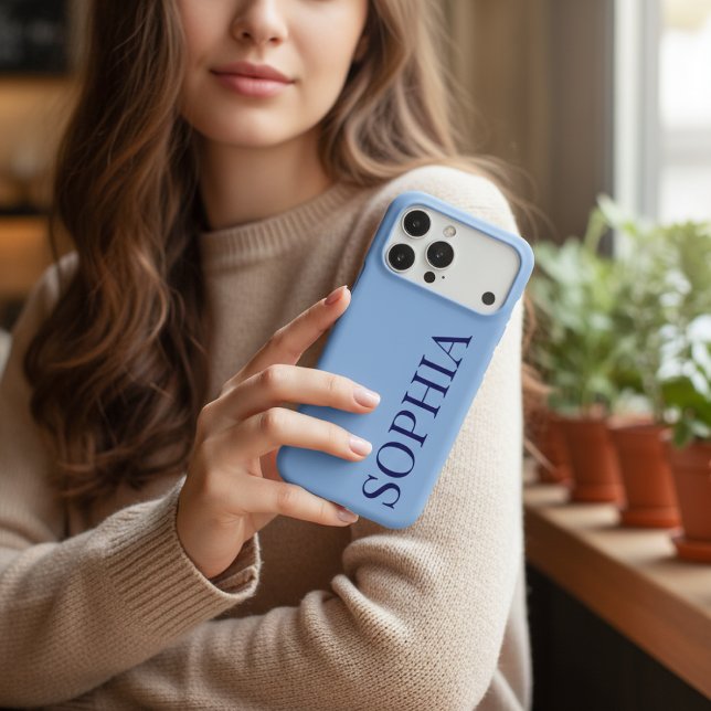 Minimalist Cornflower Blue & Navy Vertical Name iPhone Case (Creator Uploaded)