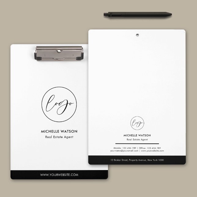 Minimalist Corporate Logo Black & White Company Clipboard (Business logo corporate black and white clipboard with your contact details on the back)