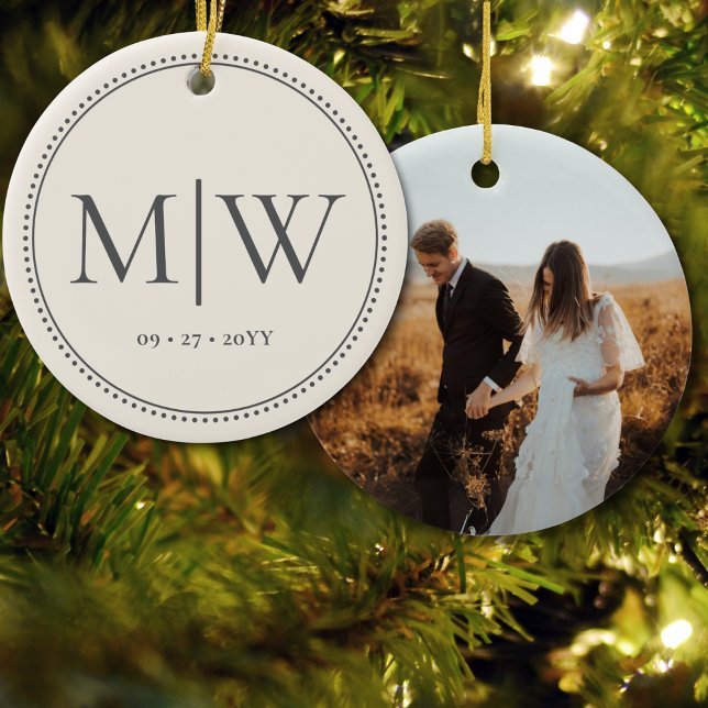 Minimalist Couple Monogram Photo Ecru Holiday Ceramic Ornament (Creator Uploaded)