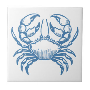 Minimalist Crab Line Art Blue Outline Coastal Deco Ceramic Tile
