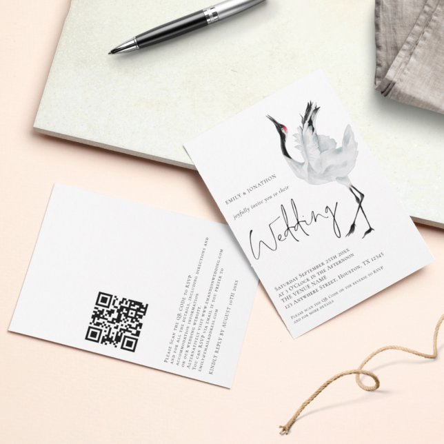 Minimalist Crane Bird QR Code Wedding Invitation (Creator Uploaded)