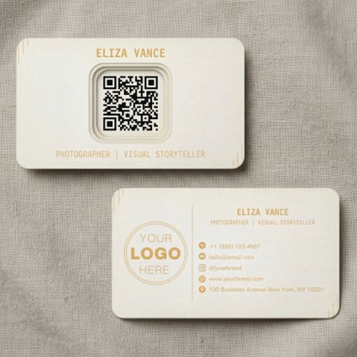 Minimalist Cream Gold QR Code Photographer Business Card