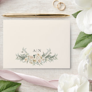 Minimalist Cream Ivory Floral Initial Wedding Envelope