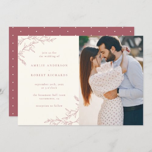 Minimalist Cream  Muted Red Foliage Photo Wedding Invitation