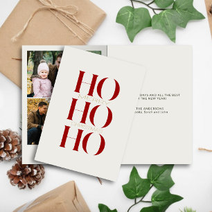 Minimalist Crimson Red "HO HO HO" Photo Christmas  Holiday Card