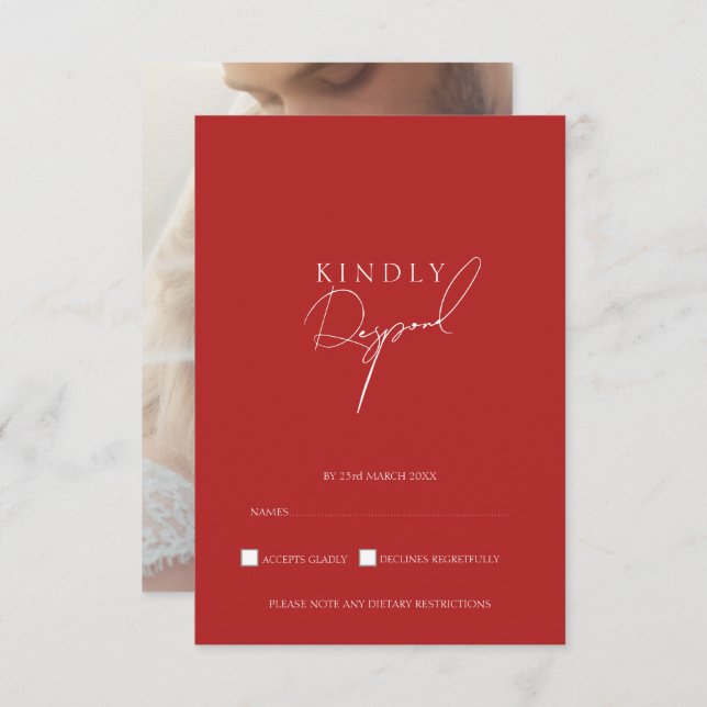 Minimalist Crimson Red Script Photo Wedding RSVP Card (Front/Back)