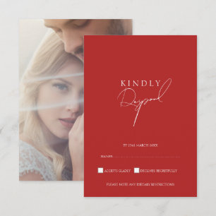 Minimalist Crimson Red Script Photo Wedding RSVP Card