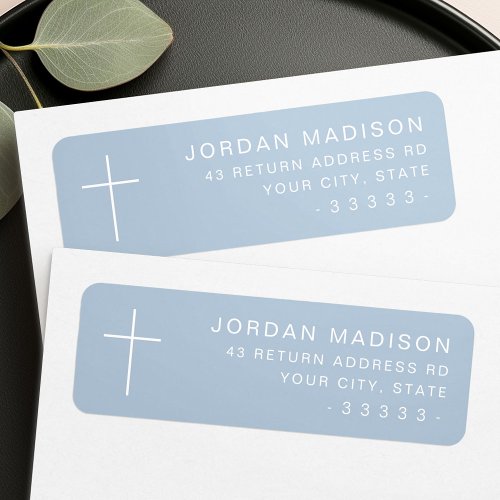 Minimalist cross dusty blue return address label