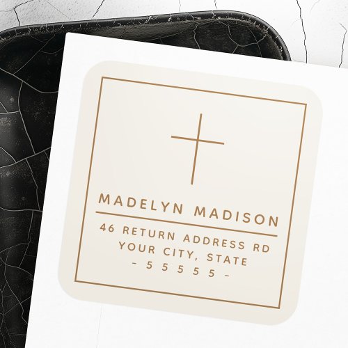 Minimalist cross ivory colored return address square sticker