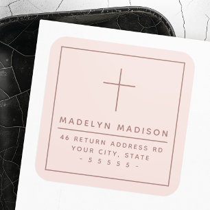 Minimalist cross light blush pink return address square sticker