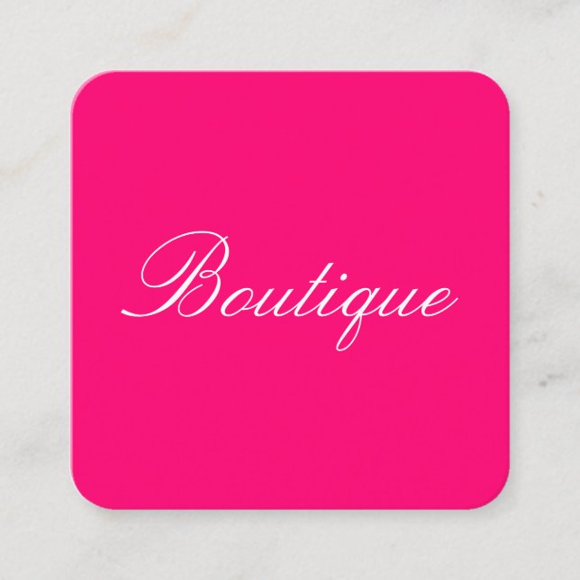 Minimalist Cursive Text Hot Pink Black Square Business Card (Front)