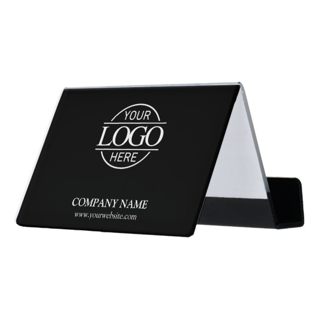 Minimalist Custom Black Company Business Logo Desk Desk Business Card Holder (Angled Back)