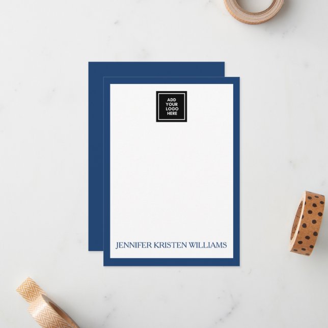 Minimalist Custom Business Logo Name Navy Blue Note Card (Front/Back In Situ)