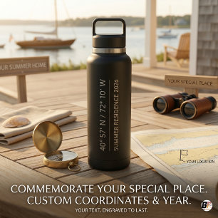 Minimalist Custom Coordinates Matte Black Water Bottle