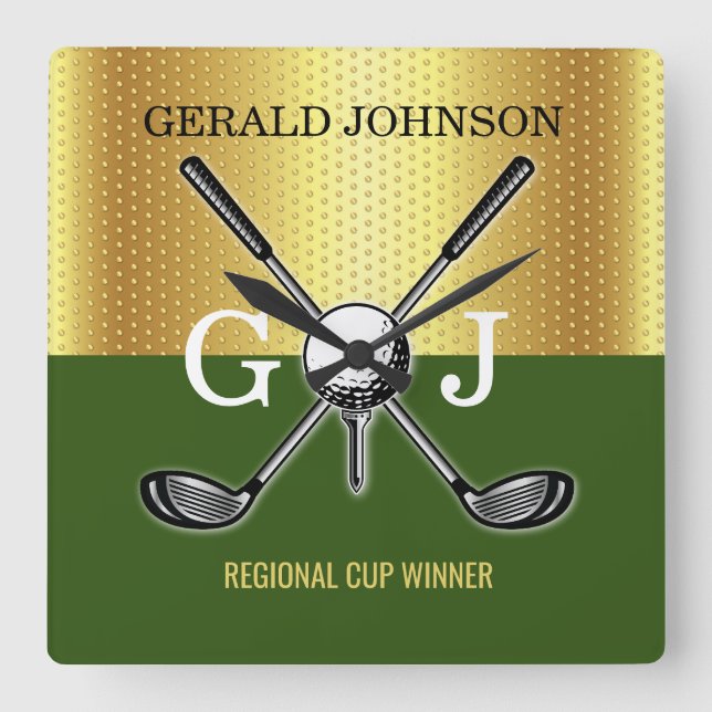 Minimalist Custom Elegant Golf Monogram Square Wall Clock (Front)