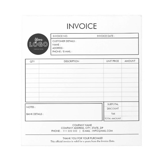 Minimalist Custom Invoice Template for Business Notepad (Front)
