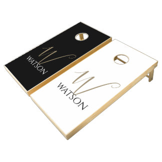 Minimalist Custom Monogram Black and White Cornhole Set