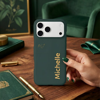 Minimalist Custom Name Forest Green & Gold iPhone 17 Pro Max Case