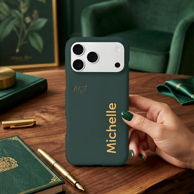 Minimalist Custom Name Forest Green & Gold iPhone Case (Creator Uploaded)