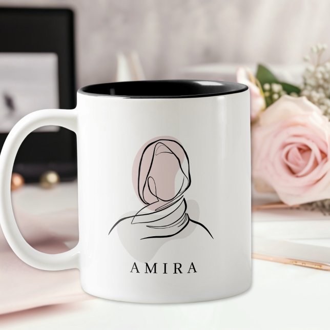 Minimalist Custom Name Hijab Line Art Two-Tone Mug (Creator Uploaded)