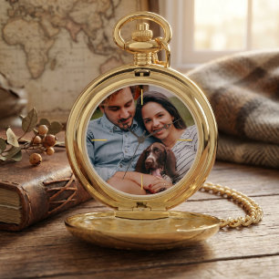 Minimalist Custom Pet Photo Gold Silver Keepsake Pocket Watch