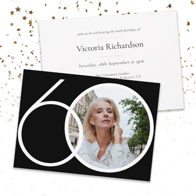  Minimalist Custom Photo Black White 60th Birthday Invitation (Creator Uploaded)
