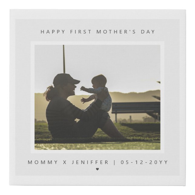 Minimalist Custom Photo First Mother's Day Modern Faux Canvas Print (Front)