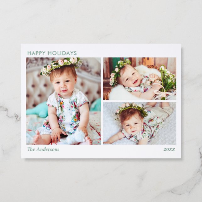 Minimalist Custom Text 3-Photo Happy Holidays Letterpress Photo Cards (Front)